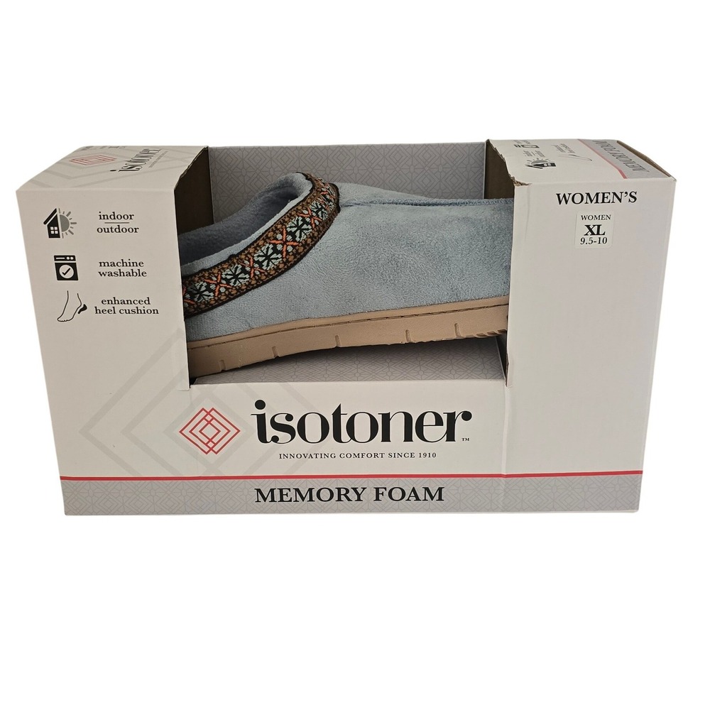Isotoner Womens Memory Foam Slippers Blue Fog Embroidered Trim Clog 9.5/10 XL